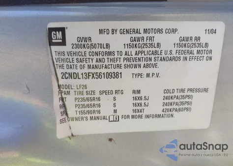 2005 Chevrolet Equinox Ls z USA, uszkodzony, nr VIN 2CNDL13FX56109381
